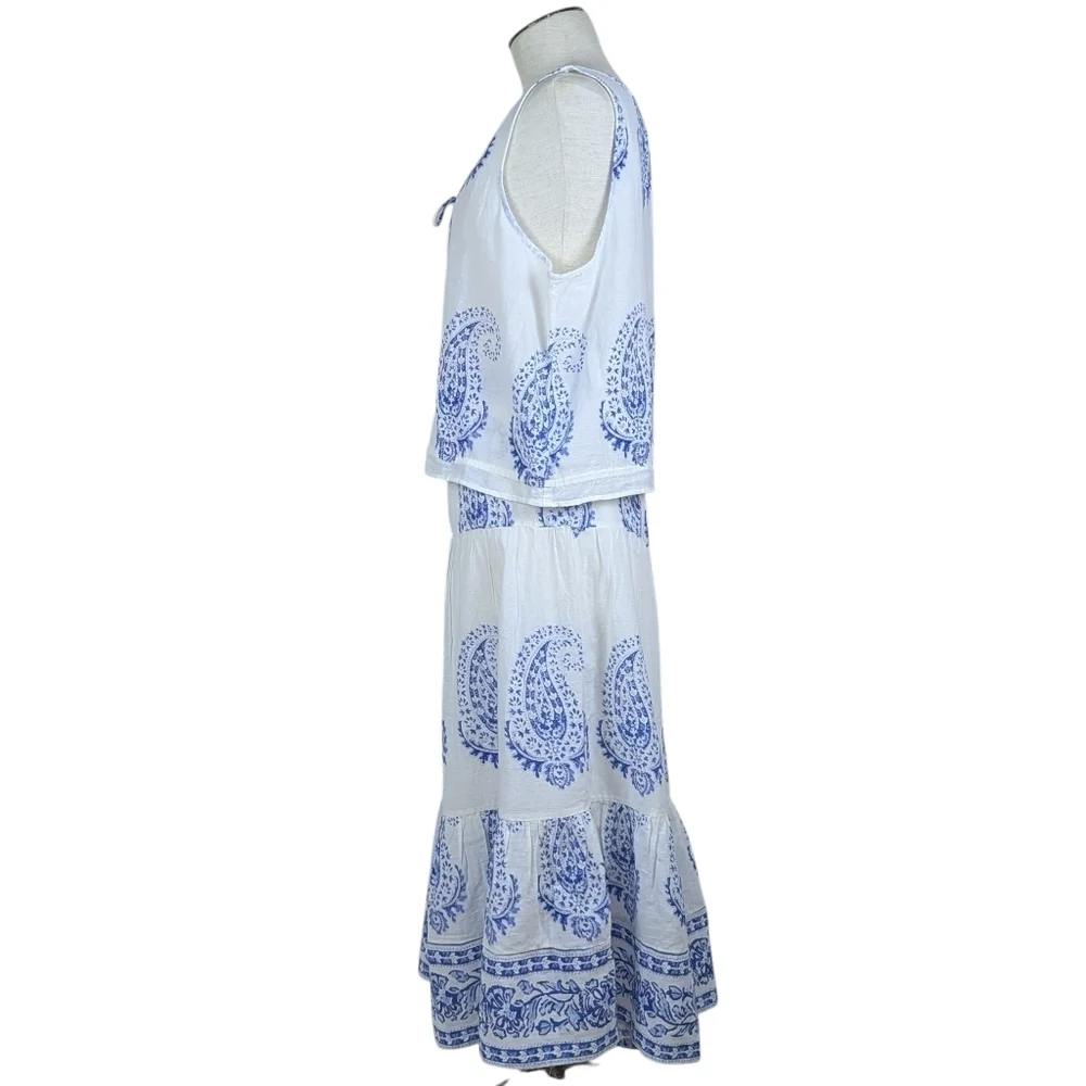 Lucky Brand Sleeveless Top Midi Skirt Set Cotton Paisley Print White Blue XL NWT